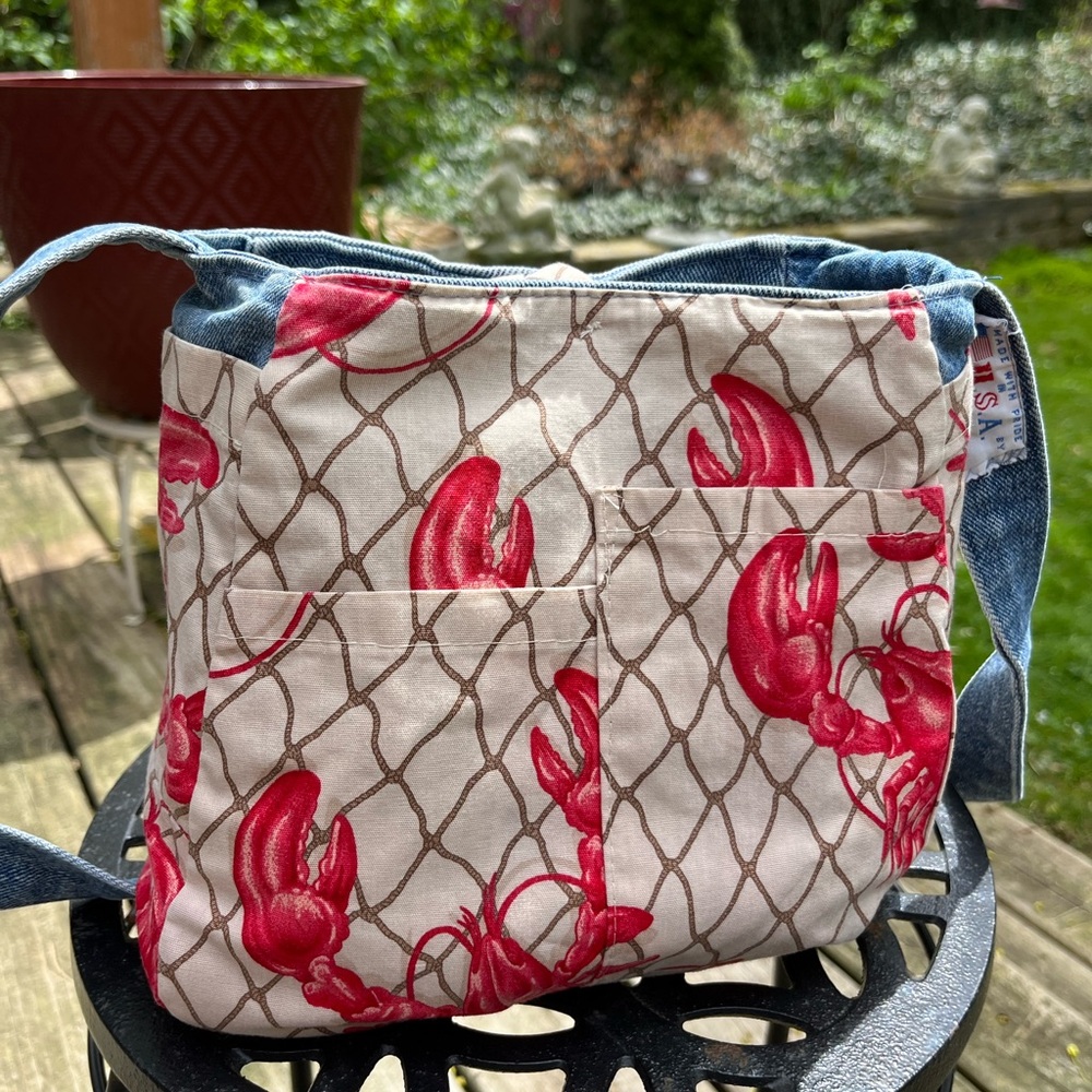 Hand Crafted Lobster Print and Denim Crossbody Bag - Picture 2 of 9